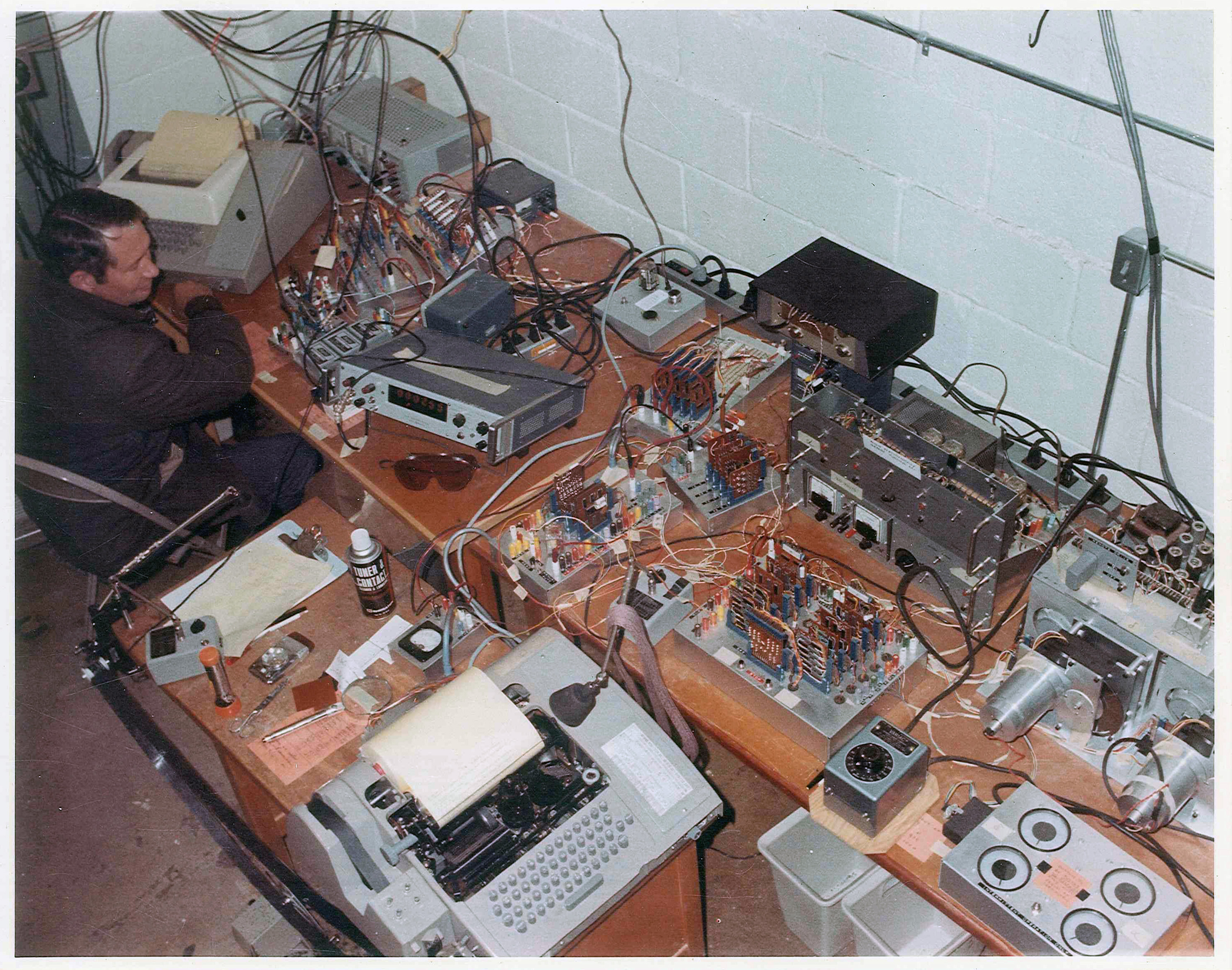 Victor Regener's electronics that controlled the pulsar observation at Capilla Peak. Teletype machine in foreground. 1970s-1980s