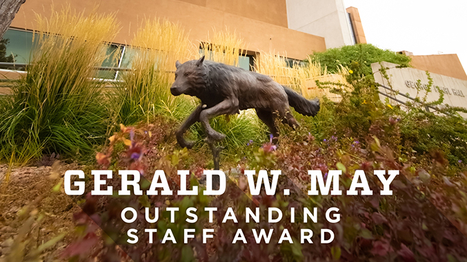 Image of lobo with text "Gerald W. May Outstanding Staff Award"